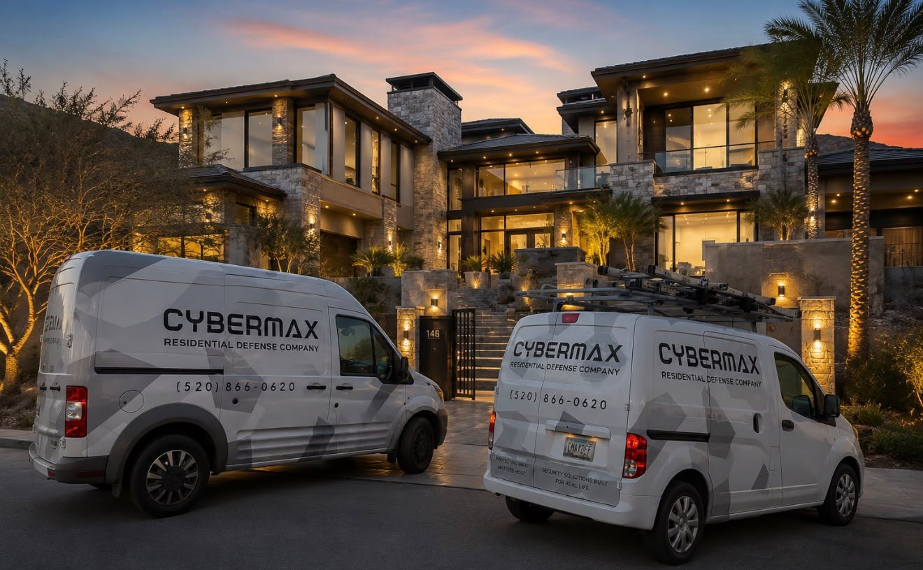 CyberMax fleet vans at a hillside estate at dusk