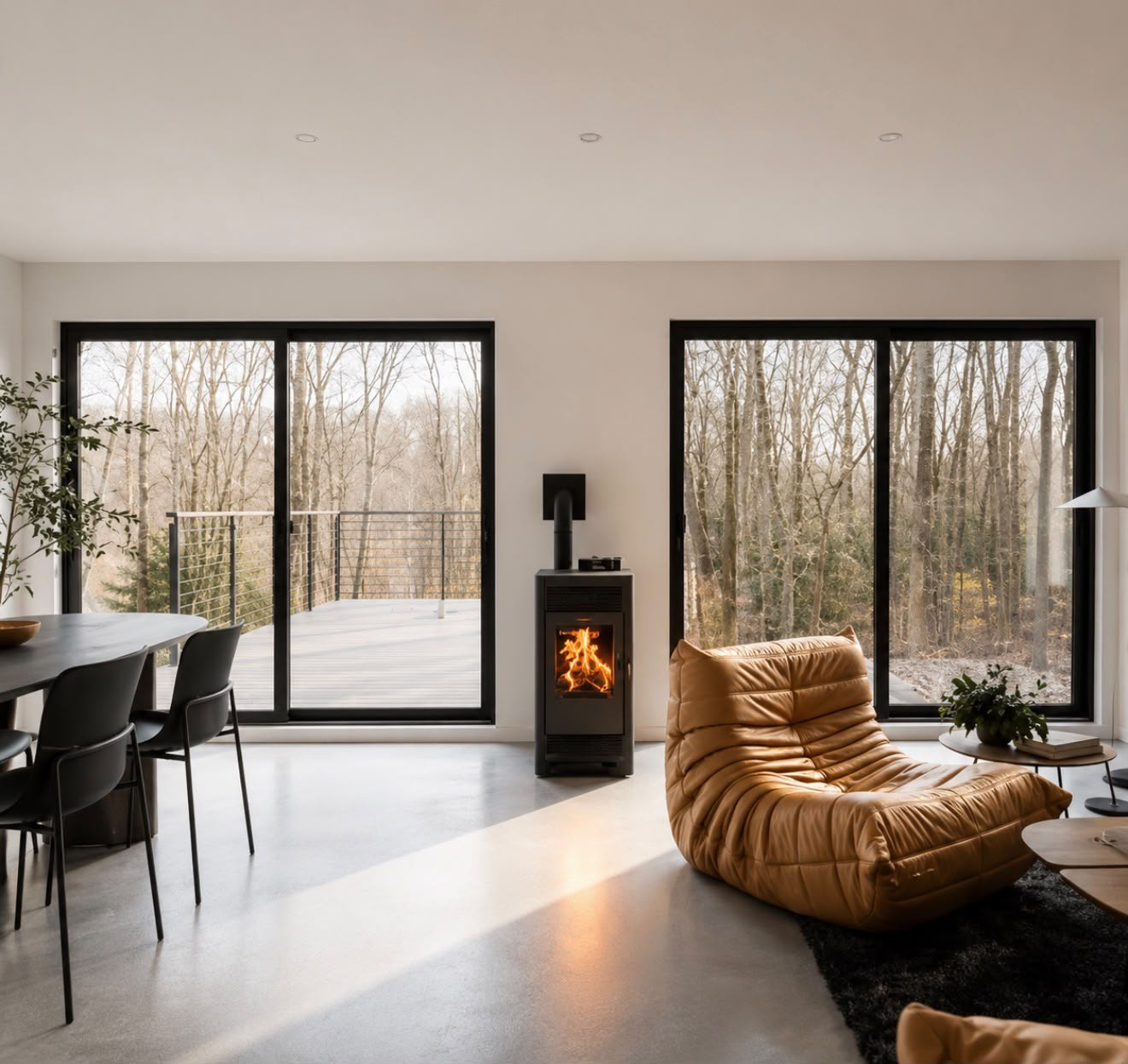 Modern living room with full-height glazing onto a wooded deck