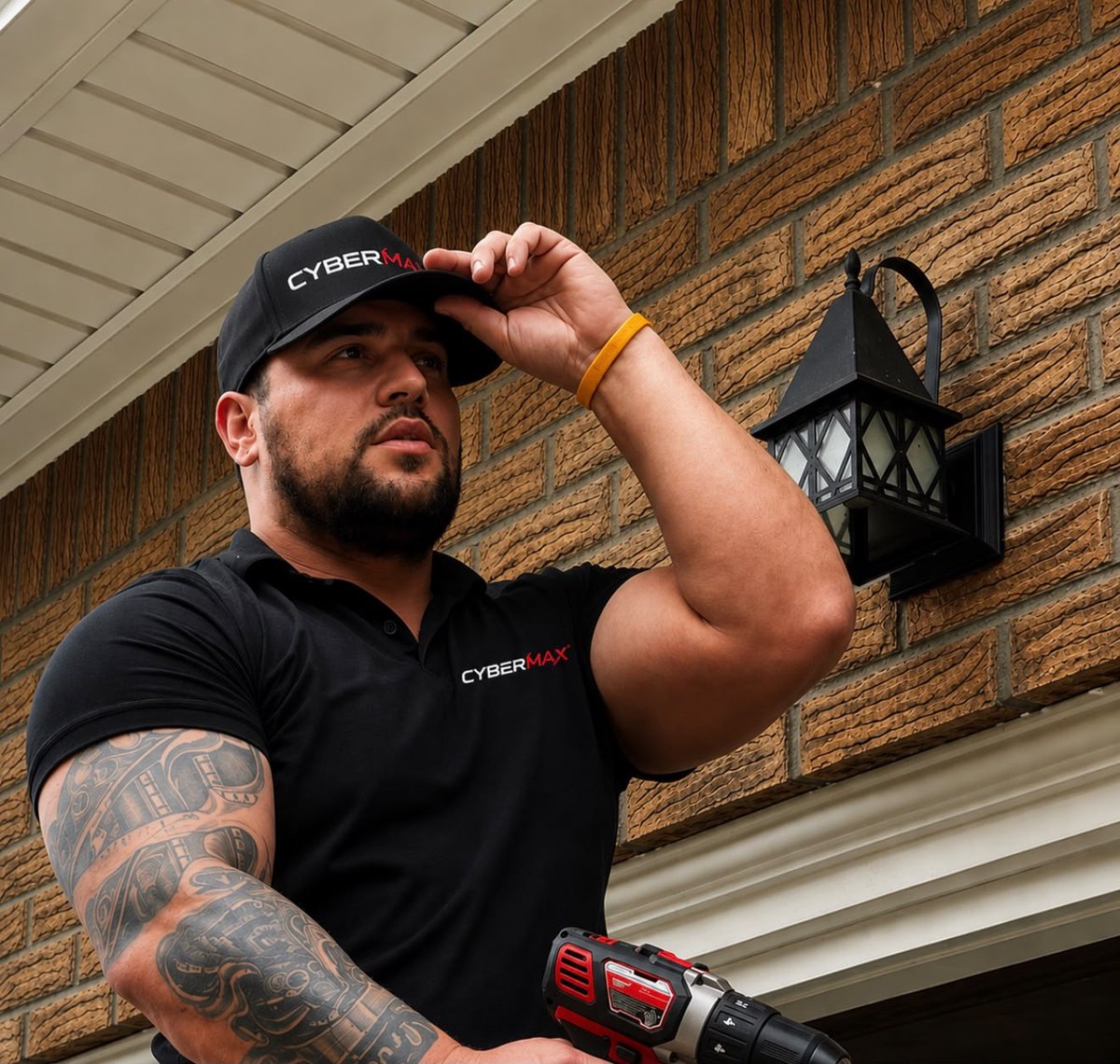 CyberMax technician setting a camera under a soffit